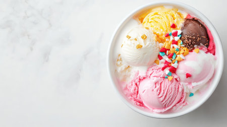 A vibrant bowl filled with scoops of colorful ice cream, topped with sprinkles and nuts, perfect for summer celebrations and sweet indulgences. Enjoy every delightful bite!の素材