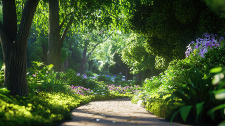 A picturesque view of a sunlit path winding through a lush forest, surrounded by vibrant flowers and dense greenery, evoking peace and tranquility.の素材