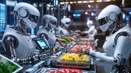 A modern food processing facility featuring advanced robots working efficiently on a production line, showcasing innovation in automation within the food industry.の素材