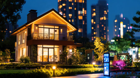 A beautifully illuminated modern house stands at night against a lively city skyline, showcasing architectural elegance and a serene garden space, inviting tranquility.の素材