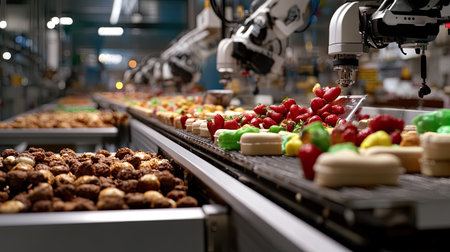 This image captures automating robotics in a factory setting, expertly handling colorful sweets and desserts, highlighting innovation and efficiency in food production.の素材