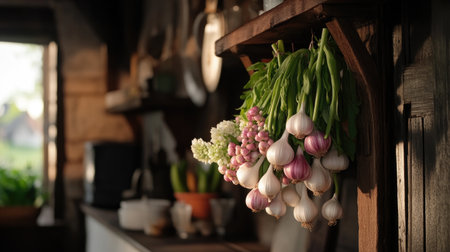 A charming display of freshly harvested onions hanging in a rustic kitchen, showcasing vibrant colors and a cozy atmosphere perfect for culinary inspiration.の素材