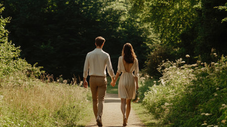 A romantic couple strolls hand in hand along a picturesque sunlit pathway, surrounded by lush greenery, creating an intimate scene of love and togetherness.の素材