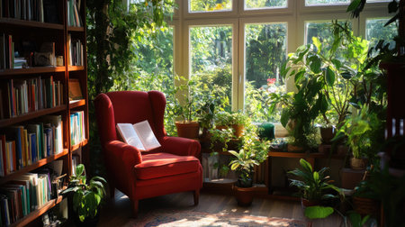A cozy reading nook featuring a red armchair amidst vibrant greenery, offering a serene space filled with light, books, and nature's tranquility.の素材