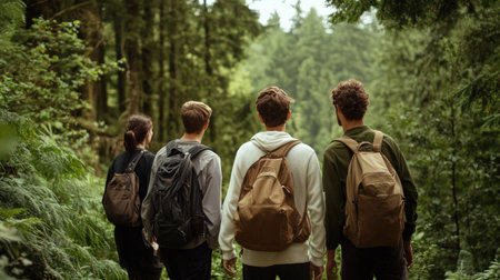 A group of four friends enjoys a hiking adventure in a vibrant green forest. They explore nature together, embracing the tranquility of the wilderness.の素材