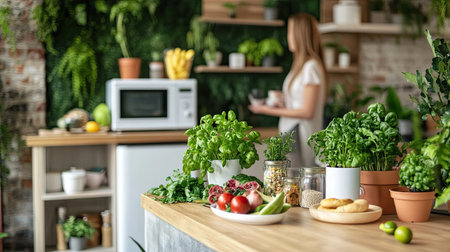 A serene kitchen setting showcasing fresh herbs and vegetables on a wooden counter with a woman preparing food in a cozy, green environment. Perfect for culinary inspiration!の素材