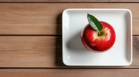 A bright red apple with a green leaf rests on a white plate against a wooden table. This composition highlights freshness and natural beauty, ideal for food-related projects.の素材