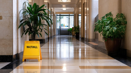 Yellow caution sign indicating wet floor in a clean modern office corridor with green plants. The shiny marble floor and good lighting enhance the space's professionalism and safety.の素材