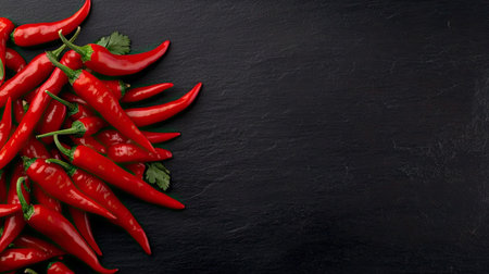 A vibrant arrangement of fresh red chili peppers and green herbs on a dark slate background. Ideal for culinary, food styling, and spice concepts.の素材