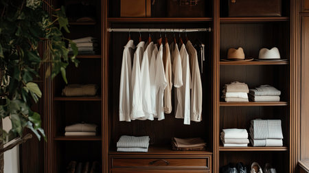 A beautifully arranged wooden wardrobe featuring neatly hung shirts and folded linens. The elegant design enhances home decor with a spacious, stylish ambiance.の素材
