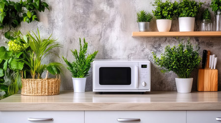 A stylish modern kitchen featuring a white microwave on a clean countertop, surrounded by vibrant green plants, creating a warm and inviting atmosphere.の素材