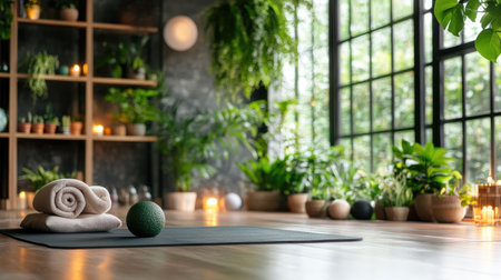 This indoor yoga space features a calming environment with lush greenery, soft lighting, and minimalistic decor, perfect for relaxation and mindfulness practices.の素材