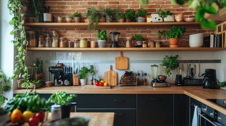 A warm and inviting kitchen featuring wooden shelves filled with herbs, plants, and various kitchen essentials. This cozy space exudes a natural and creative vibe, perfect for culinary activities.の素材