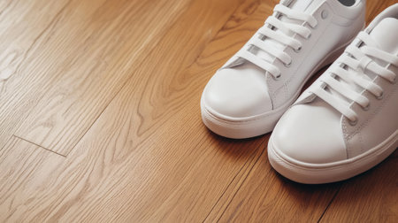 A pair of fresh white sneakers rests on a wooden floor, showcasing natural light and texture. Ideal for fashion and lifestyle concepts in modern environments.の素材