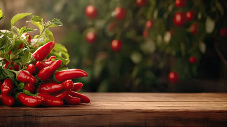 A vibrant composition featuring fresh red chilies with green leaves on a rustic wooden table, enhanced by a soft garden background that evokes a warm, natural atmosphere.の素材