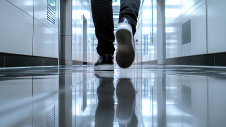 A person walks through a sleek, modern corridor with shiny reflective flooring. The urban space captures the essence of movement and solitude in a professional setting.の素材