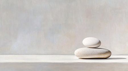 A serene composition featuring smooth stones stacked on a minimalist surface. This artwork emphasizes balance and tranquility, perfect for calming spaces.の素材
