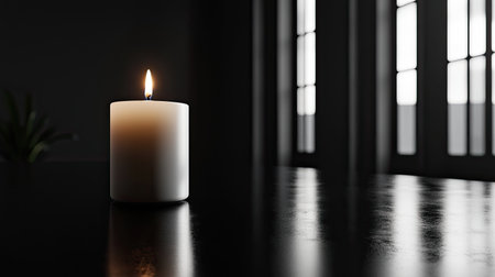A peaceful scene showcasing a single lit candle on a dark wooden table. The soft glow creates a tranquil atmosphere, perfect for relaxation and mindfulness.の素材