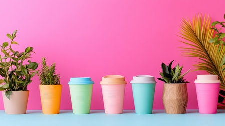 A vibrant display of colorful cups and green plants against a bright pink background. Ideal for showcasing modern decor and lifestyle themes.の素材