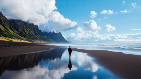 A lone figure walks along a serene beach, surrounded by dramatic mountains and fluffy clouds, creating a peaceful and reflective coastal scene.の素材