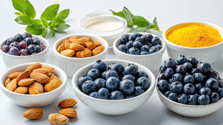 Discover a vibrant collection of fresh ingredients perfect for healthy cooking. Featuring almonds, blueberries, and mint, this image inspires nutritious meal preparation.の素材
