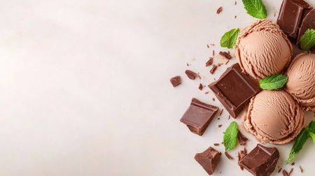 Delight in this creamy chocolate ice cream topped with fresh mint and rich chocolate chunks. A perfect treat for hot summer days and dessert lovers.の素材