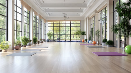 A bright and spacious yoga studio featuring large windows, lush greenery, and soft lighting. Ideal for yoga, meditation, and wellness activities in a serene setting.の素材