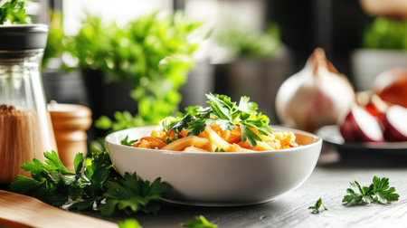 A vibrant bowl of fresh pasta garnished with herbs and vegetables, showcasing the essence of healthy cooking and culinary creativity in a cozy kitchen setup.の素材