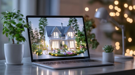A stunning laptop displays a beautiful home surrounded by lush greenery, showcasing a perfect blend of technology and nature in a cozy workspace setting.の素材
