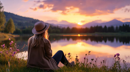 A serene woman sits by a calm lake, watching a vibrant sunset. The beautiful reflection in the water creates a peaceful atmosphere, perfect for relaxation.の素材