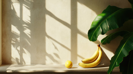 A vibrant still life composition featuring fresh bananas and a lemon on a shelf. Soft sunlight casts beautiful shadows, enhancing the natural beauty of the scene.の素材