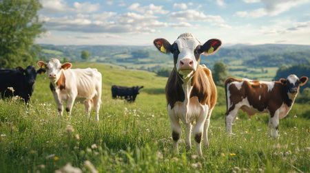 A group of cows grazes peacefully in a vibrant green meadow under a clear blue sky, showcasing the beauty of rural life and serene landscapes.の素材