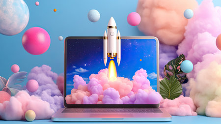 A vibrant digital illustration featuring a rocket launching from a laptop, surrounded by colorful clouds. This imaginative scene embodies innovation and creativity in technology and space exploration.の素材