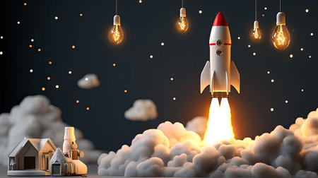 A visually striking image featuring a rocket launching through clouds, illuminated by floating light bulbs. The scene evokes creativity and the spirit of exploration.の素材