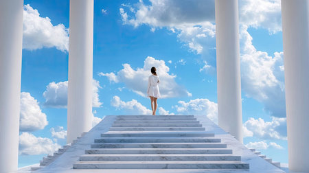 A woman climbs elegant marble steps beneath a vibrant blue sky filled with fluffy white clouds, symbolizing hope, freedom, and personal growth.の素材