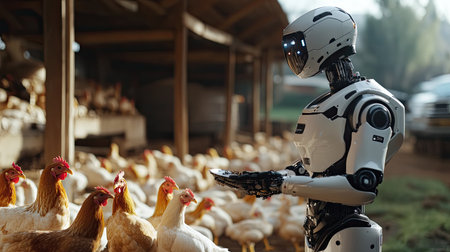 A robotic figure gracefully interacts with chickens in a serene farm setting, showcasing the intersection of technology and agriculture in animal care and management.の素材