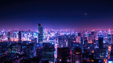 A stunning aerial view of a vibrant city skyline at night, featuring skyscrapers adorned with colorful lights. The scene captures the energy and allure of urban life.の素材