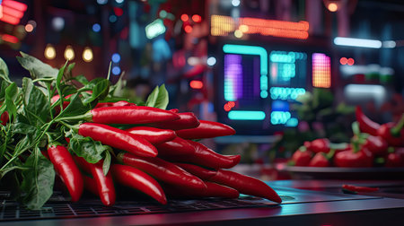 A stunning display of fresh red chili peppers on a modern kitchen counter, showcasing vibrant colors and herbs. Ideal for food lovers and chefs.の素材