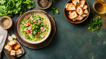 A warm bowl of green pea soup topped with fresh herbs and chunks of ham, served with crispy bread, creating a comforting and nutritious meal.の素材