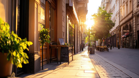 A serene city street bathed in golden sunlight showcases inviting cafes and lush greenery. This peaceful urban scene captures the essence of relaxation at dusk.の素材