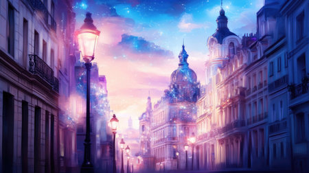 A peaceful evening in a mystical city, showcasing stunning architecture and glowing street lamps under a starry sky, creating a magical atmosphere.の素材