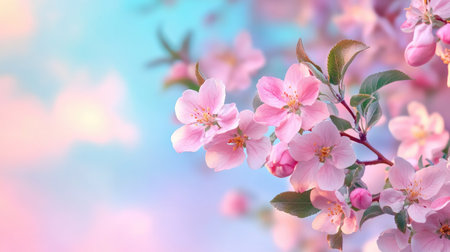 A beautiful display of delicate pink blossoms against a soft pastel background, capturing the essence of spring and the serenity of nature. Perfect for floral themes.の素材