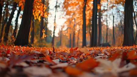 A stunning view of an autumn forest with vibrant golden and orange leaves carpeting the ground, illuminated by soft sunlight at sunset.の素材
