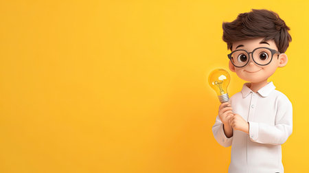 A charming cartoon boy is joyfully holding a glowing light bulb against a vibrant yellow background, symbolizing creativity and innovation. Perfect for educational themes.の素材