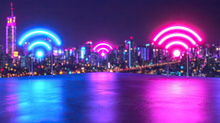 A captivating cityscape illuminated by neon Wi-Fi symbols, highlighting urban connectivity. The colorful lights create a vibrant nightlife atmosphere.の素材