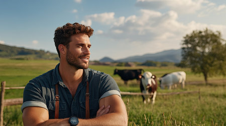 A confident young farmer enjoys a sunny day in a rural field, surrounded by cows. The serene landscape highlights the beauty of agriculture and nature.の素材