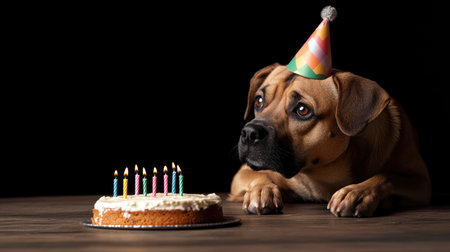 An adorable dog wearing a colorful party hat gazes at a birthday cake with lit candles. This heartwarming scene captures the joy of a pet celebration.の素材