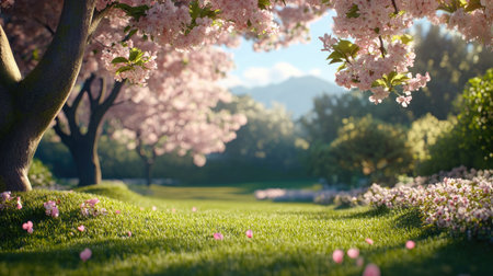 A tranquil outdoor setting featuring blooming cherry blossom trees, vibrant green grass, and a peaceful atmosphere. Ideal for nature lovers and relaxation scenes.の素材