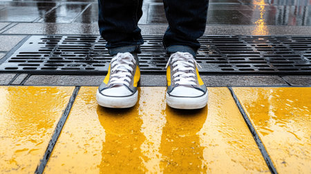 A pair of bright yellow sneakers stand on a wet pavement, reflecting rainwater. The ambiance captures a lively urban scene, showcasing fashion and everyday life.の素材