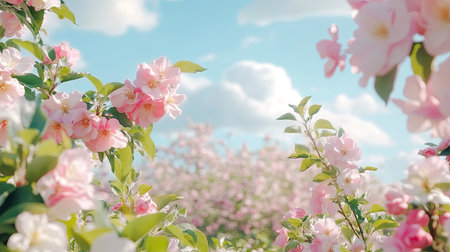 A stunning view of pink flowers blooming under a bright blue sky, creating a serene and vibrant atmosphere perfect for springtime themes and nature lovers.の素材